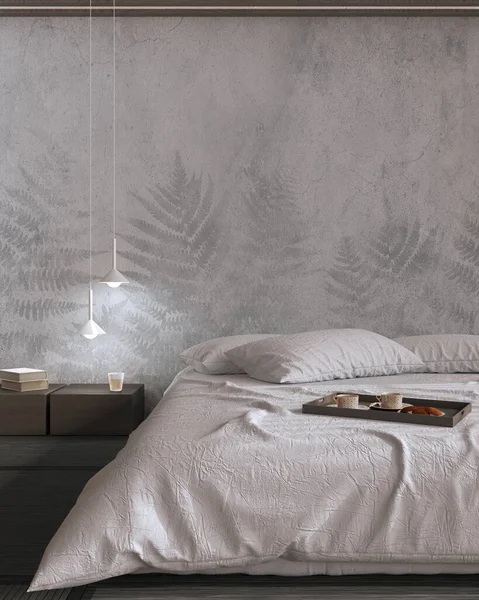 Japandi bedroom mock up in white and dark tones. Bed with pillows, japanese minimal interior design with copy space