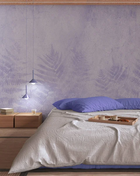 Japandi bedroom mock up in white and purple tones. Bed with pillows, japanese minimal interior design with copy space