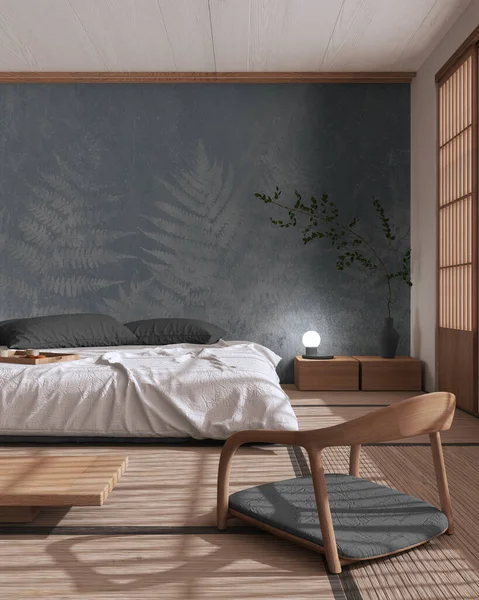 Japandi Bedroom Mock White Gray Tones Bed Pillows Wallpaper Japanese — Stock Photo, Image
