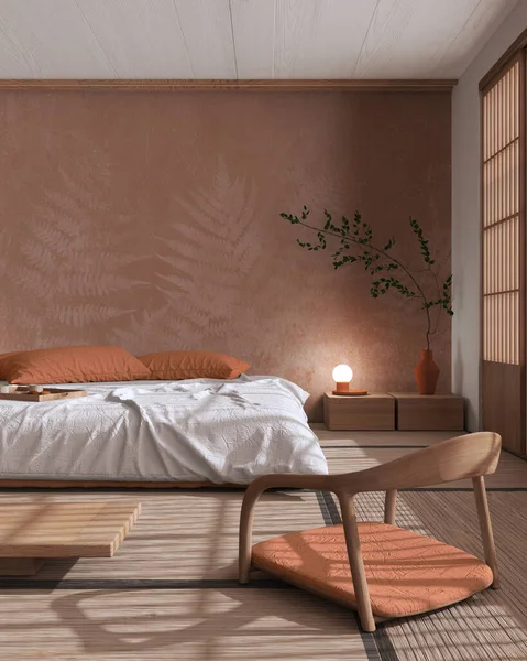 Japandi bedroom mock up in white and orange tones. Bed with pillows, wallpaper, japanese minimal interior design with copy space