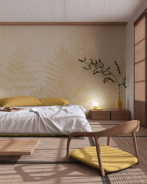 Japandi Bedroom Mock White Yellow Tones Bed Pillows Wallpaper Japanese — стоковое фото