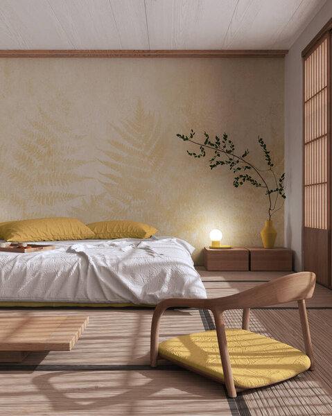 Japandi Bedroom Mock White Yellow Tones Bed Pillows Wallpaper Japanese — Stock Photo, Image