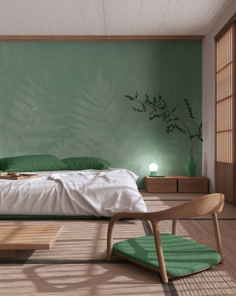 Japandi Bedroom Mock White Green Tones Bed Pillows Wallpaper Japanese — стоковое фото