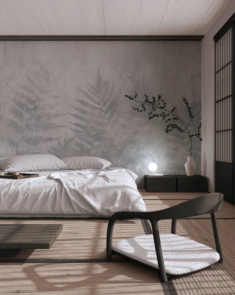 Japandi bedroom mock up in white and dark tones. Bed with pillows, wallpaper, japanese minimal interior design with copy space