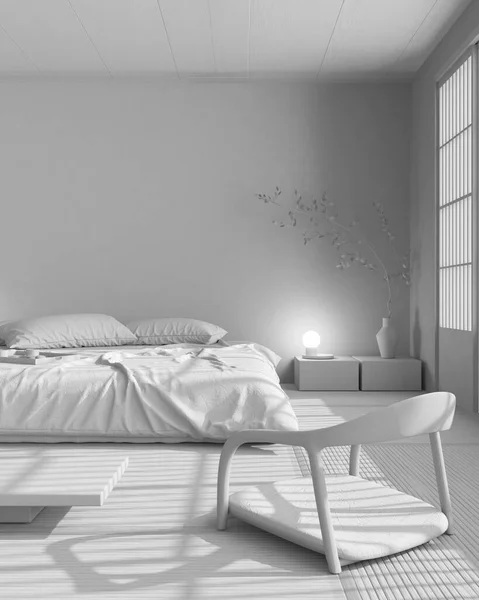 Total White Project Draft Japandi Bedroom Mock Bed Pillows Wallpaper — Zdjęcie stockowe