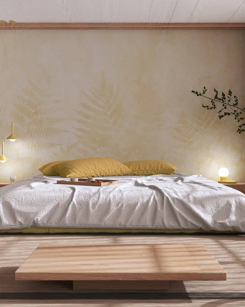 Japandi Bedroom Mock White Yellow Tones Bed Pillows Wallpaper Tatami —  Fotos de Stock
