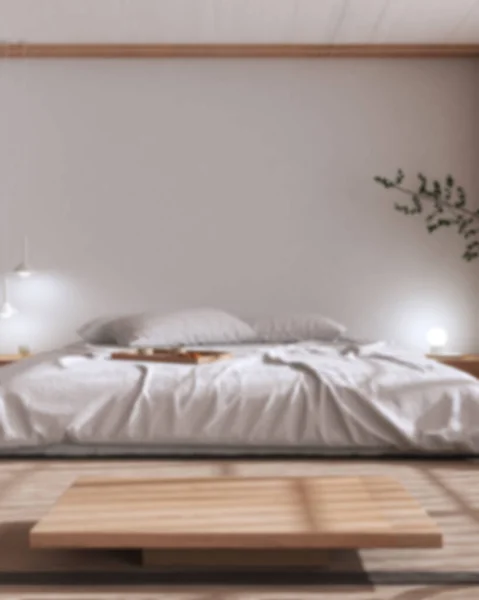 Blurred Background Japandi Bedroom Mock Bed Pillows Wallpaper Tatami Mats — 图库照片