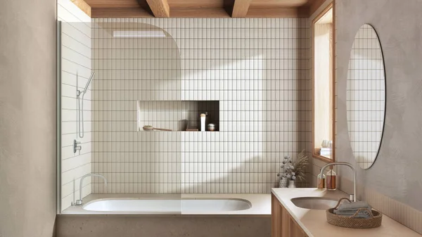 Japandi Minimalist Bathroom White Beige Tones Marble Bathtub Wooden Washbasin — Zdjęcie stockowe
