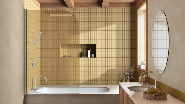 Japandi Minimalist Bathroom White Yellow Tones Marble Bathtub Wooden Washbasin — Foto Stock