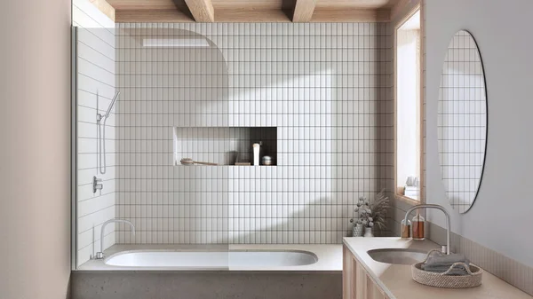 Japandi Minimalist Bathroom White Bleached Tones Marble Bathtub Wooden Washbasin — Zdjęcie stockowe