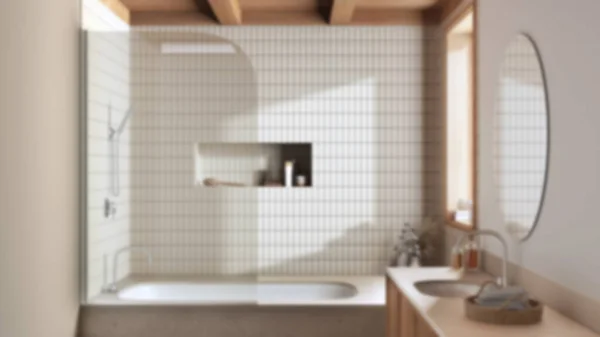 Blurred Background Japandi Minimalist Bathroom Marble Bathtub Wooden Washbasin Farmhouse — Stockfoto