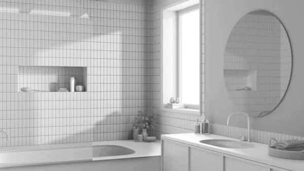Total White Project Draft Farmhouse Boho Bathroom Marble Bathtub Wooden — Foto Stock