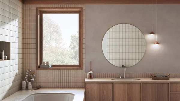 Wabi Sabi Japandi Bathroom White Beige Tones Marble Bathtub Wooden — Foto Stock