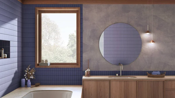 Wabi Sabi Japandi Bathroom Violet Beige Tones Marble Bathtub Wooden — Foto Stock