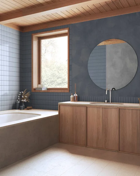 Wooden Boho Bathroom Gray Beige Tones Marble Bathtub Washbasin Japandi — Foto Stock