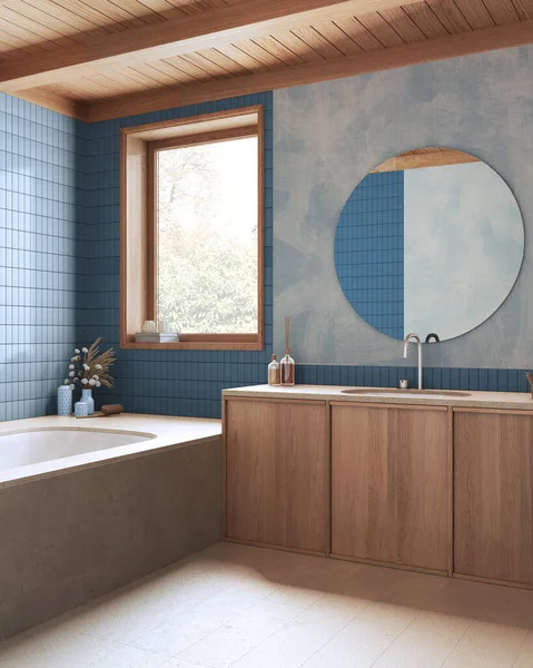 Wooden Boho Bathroom Blue Beige Tones Marble Bathtub Washbasin Japandi — Foto Stock