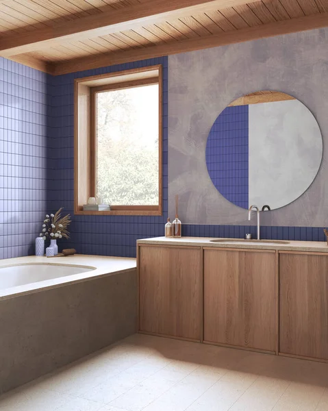 Wooden Boho Bathroom Purple Beige Tones Marble Bathtub Washbasin Japandi — 图库照片