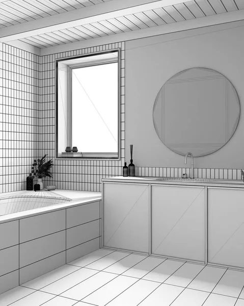 Blueprint Unfinished Project Draft Wooden Boho Bathroom Marble Bathtub Washbasin — 스톡 사진