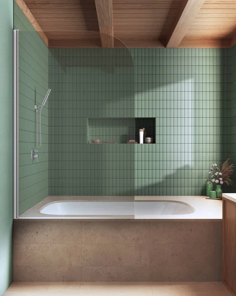 Wooden Marble Japandi Bathroom Green Beige Tones Bathtub Tiles Farmhouse — Stock fotografie