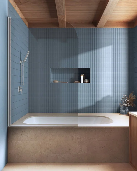 Wooden Marble Japandi Bathroom Blue Beige Tones Bathtub Tiles Farmhouse — Foto Stock