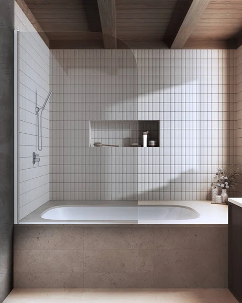 Dark Wooden Marble Japandi Bathroom Beige Tones Bathtub Tiles Farmhouse — Foto Stock
