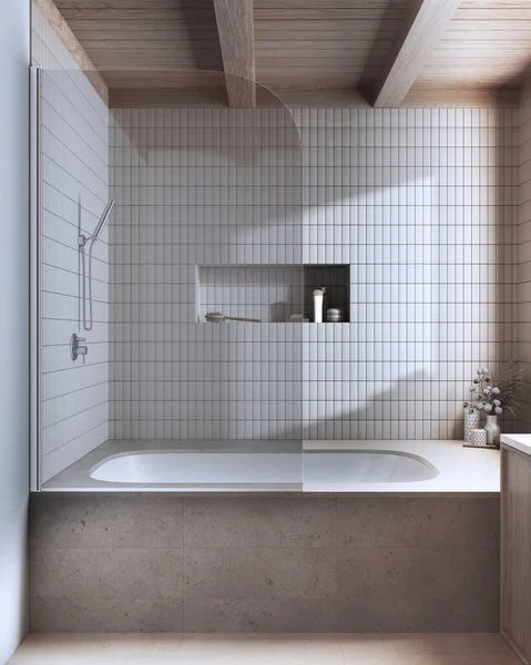 Bleached Wooden Marble Japandi Bathroom Beige Tones Bathtub Tiles Farmhouse — Foto Stock