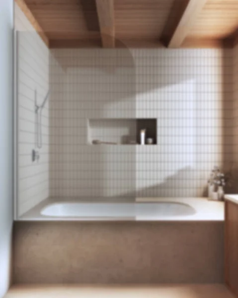 Blurred Background Wooden Marble Japandi Bathroom Bathtub Tiles Farmhouse Minimalist — Foto Stock