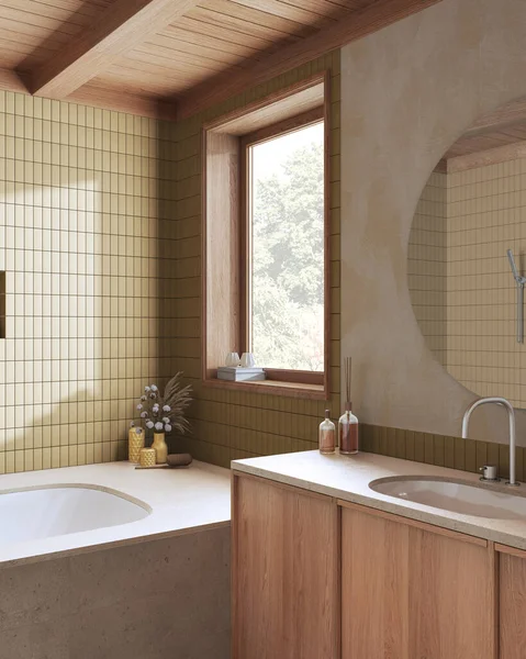 Wooden Boho Bathroom Yellow Beige Tones Marble Bathtub Washbasin Mirror — Foto Stock