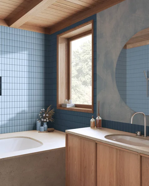 Wooden Boho Bathroom Blue Beige Tones Marble Bathtub Washbasin Mirror — Foto de Stock