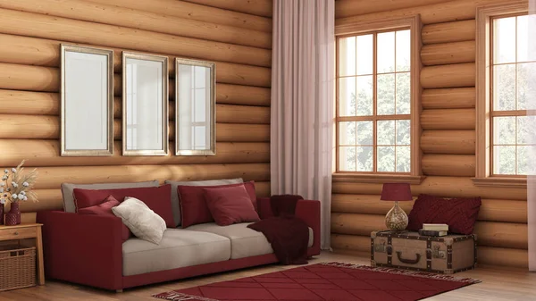 Wooden Farmhouse Log Cabin Red Beige Tones Fabric Sofa Carpet — Zdjęcie stockowe