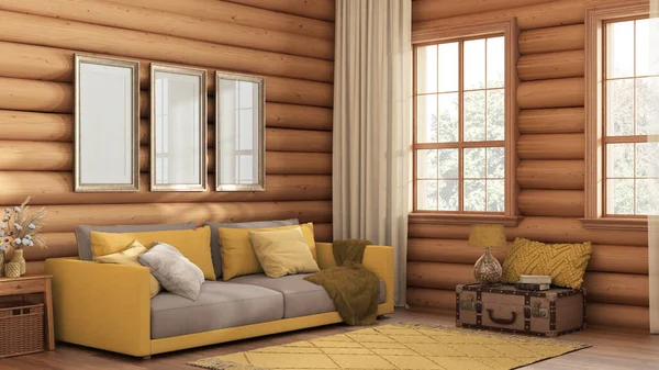 Wooden Farmhouse Log Cabin Yellow Beige Tones Fabric Sofa Carpet — 图库照片