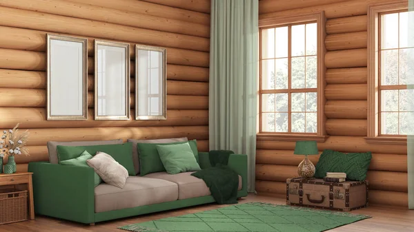 Wooden Farmhouse Log Cabin Green Beige Tones Fabric Sofa Carpet — 图库照片