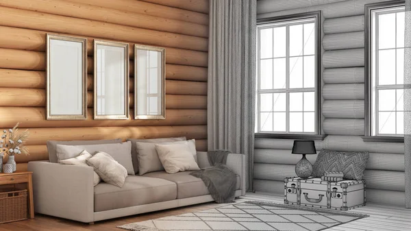 Architect interior designer concept: hand-drawn draft unfinished project that becomes real, wooden farmhouse log cabin. Fabric sofa, carpet and windows. Frame mockup, rustic