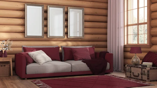 Log Cabin Living Room Red Beige Tones Fabric Sofa Carpet — 图库照片