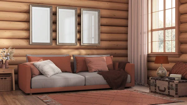 Log cabin living room in orange and beige tones. Fabric sofa, carpet and windows. Frame mockup, farmhouse interior design