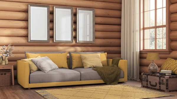 Log cabin living room in yellow and beige tones. Fabric sofa, carpet and windows. Frame mockup, farmhouse interior design