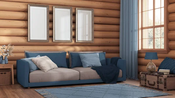 Log cabin living room in blue and beige tones. Fabric sofa, carpet and windows. Frame mockup, farmhouse interior design