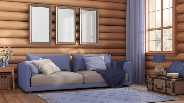 Log Cabin Living Room Violet Beige Tones Fabric Sofa Carpet —  Fotos de Stock