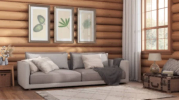 Blurred Background Log Cabin Living Room Fabric Sofa Carpet Windows — 图库照片