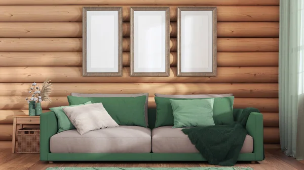 Log cabin living room in green and beige tones, front view. Frame mock up, fabric sofa with pillows. Farmhouse interior design