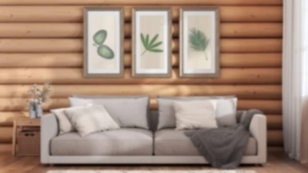 Blurred Background Log Cabin Living Room Front View Frame Mock — 图库照片