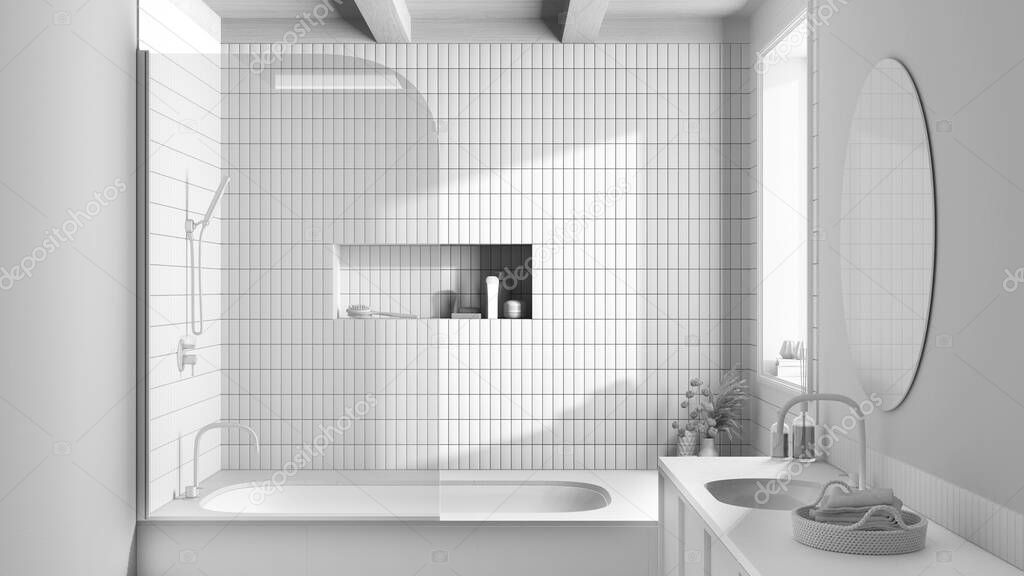 Total white project draft, japandi minimalist bathroom. Marble bathtub and wooden washbasin. Farmhouse interior design
