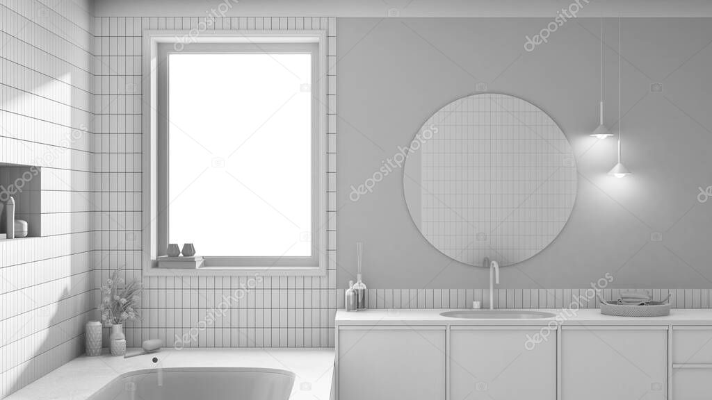 Total white project draft, wabi sabi, japandi bathroom. Marble bathtub and bleached wooden washbasin. Farmhouse interior design