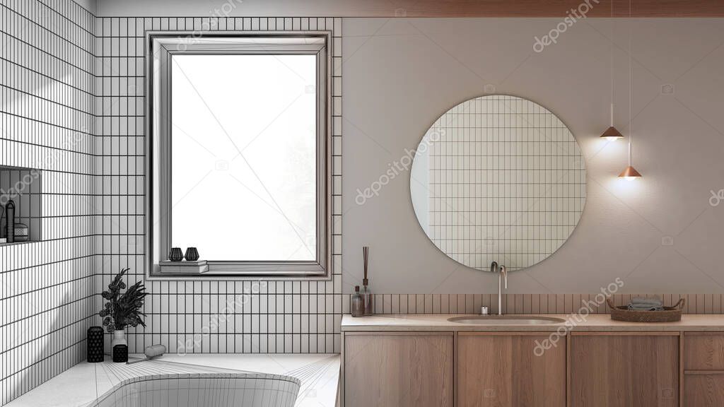 Architect interior designer concept: hand-drawn draft unfinished project that becomes real, wabi sabi, japandi bathroom. Marble bathtub and bleached wooden washbasin. Farmhouse