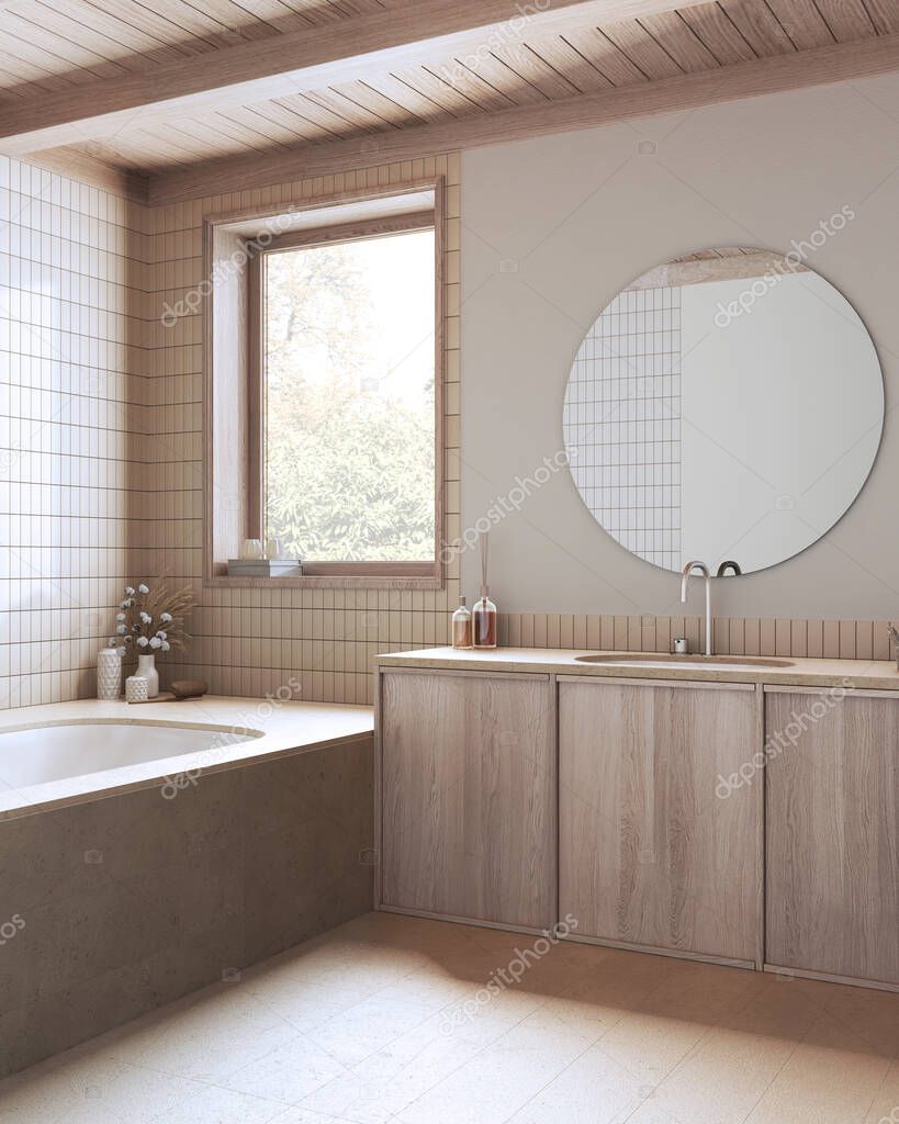 Bleached wooden boho bathroom in beige tones. Marble bathtub and washbasin. Japandi farmhouse interior design