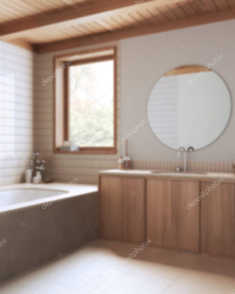 Blurred background,wooden boho bathroom. Marble bathtub and washbasin. Japandi farmhouse interior design
