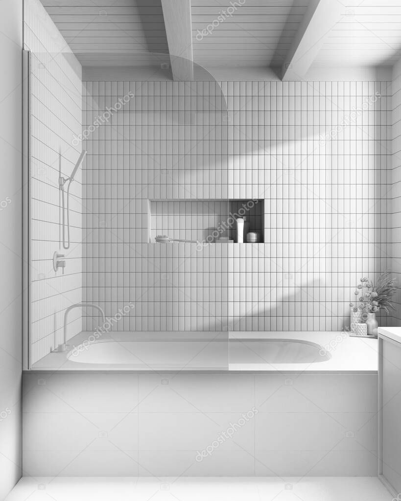 Total white project draft, wooden and marble japandi bathroom. Bathtub with tiles. Farmhouse minimalist interior design