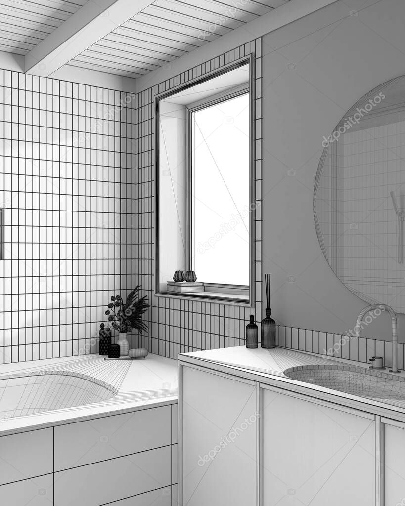 Blueprint unfinished project draft, wooden boho bathroom in beige tones. Marble bathtub, washbasin and round mirror. Japandi farmhouse interior design