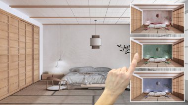 Mimar tasarım konsepti, çift yataklı japandi minimal yatak odası, farklı seçeneklerde renkler, iç tasarım projesi taslağı, renk seçici, malzeme örneği