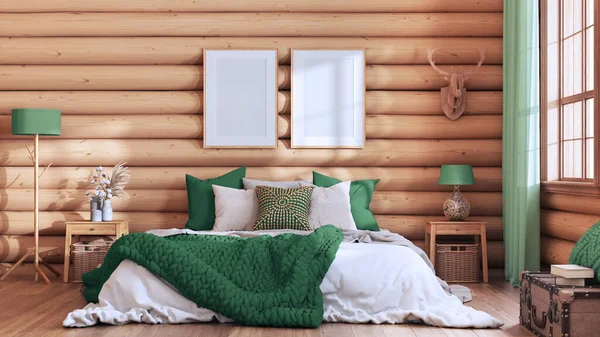 Log cabin bedroom in green and beige tones. Double bed with blanket and duvet, wooden side tables. Frame mockup, farmhouse interior design